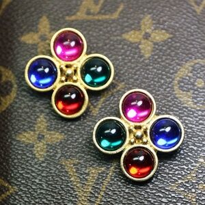 Earrings with Colorful Round Cabochons in Vintage Gold Tone Clip-on Setting EUC